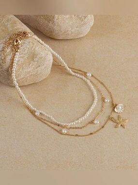Gold White Pearl Layered Necklace with Sea Charms N1486